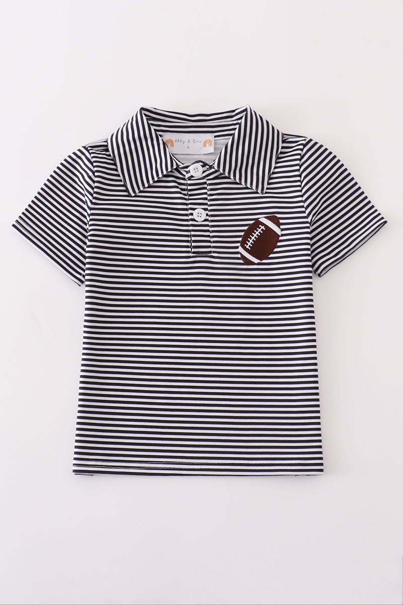 Navy Stripe Football Embroidery Button Down Shirt