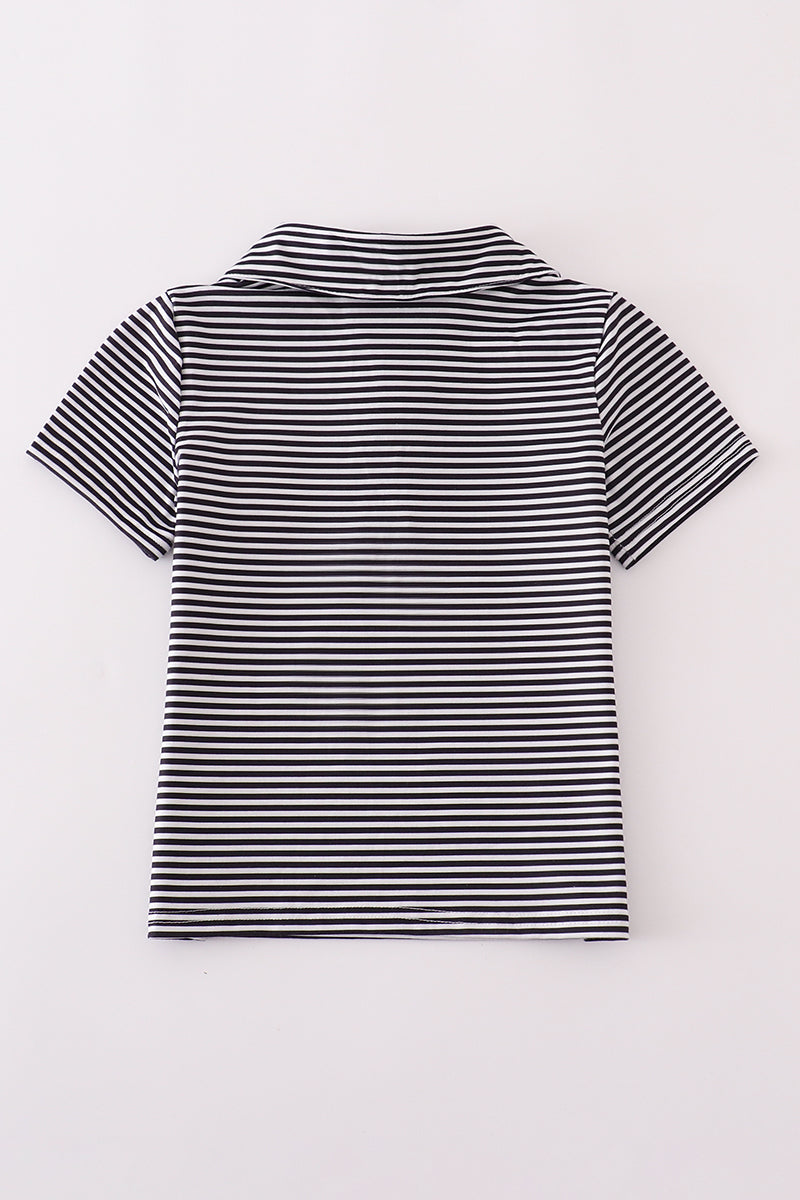 Navy Stripe Football Embroidery Button Down Shirt