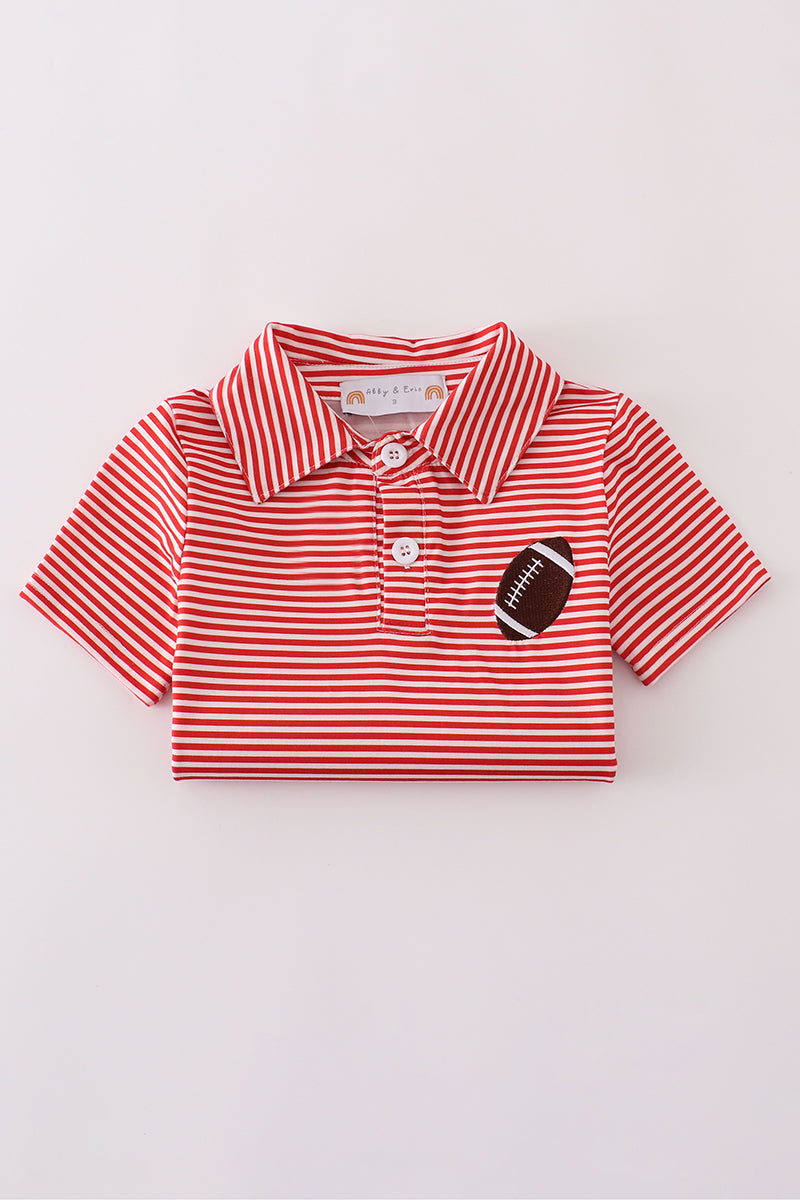 Red Stripe Football Embroidery Button Down Shirt