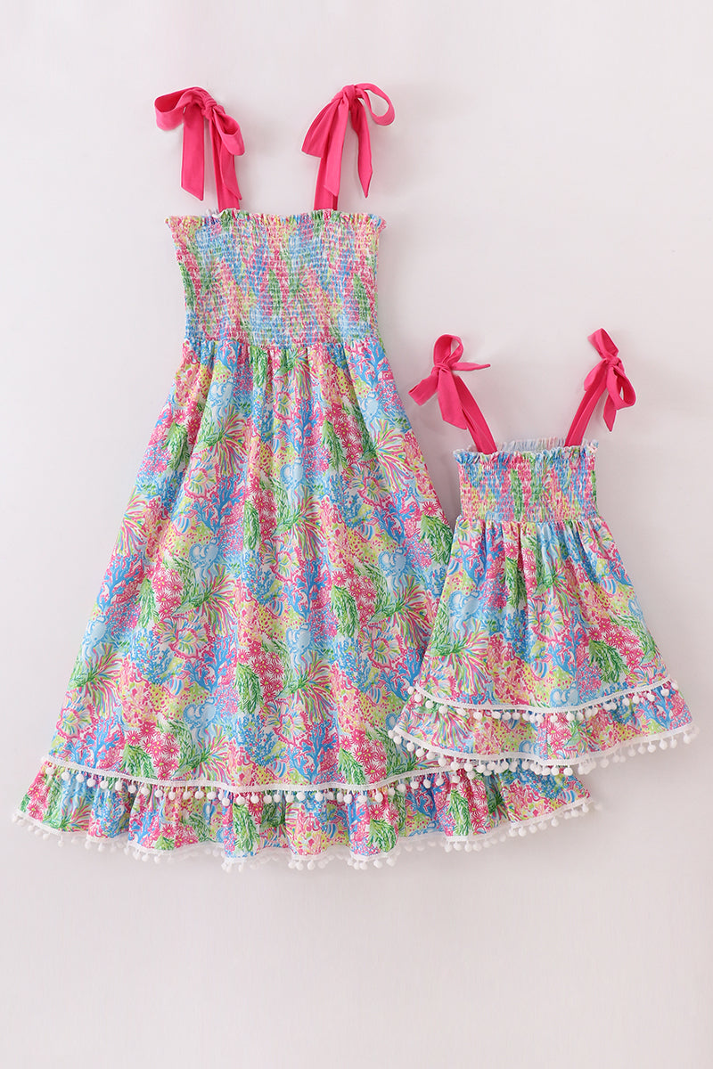 Pink Tropical Smocked Mom & Me Dress