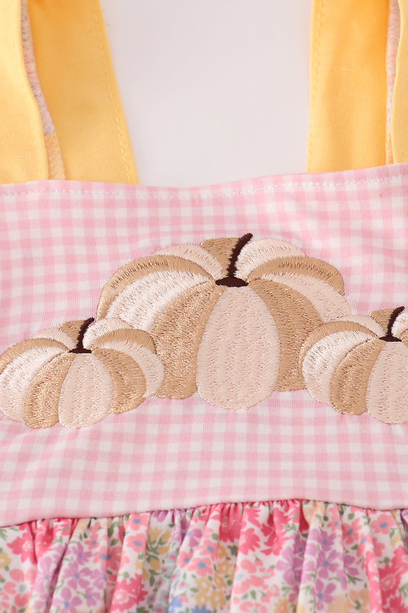 Pink Floral Pumpkin Embroidery Ruffle Pants Set