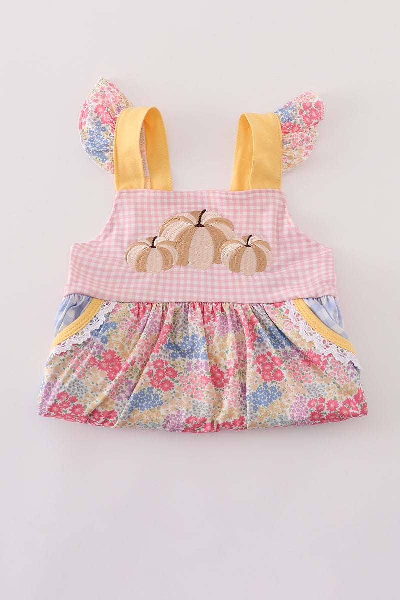 Pink Floral Pumpkin Embroidery Ruffle Pants Set
