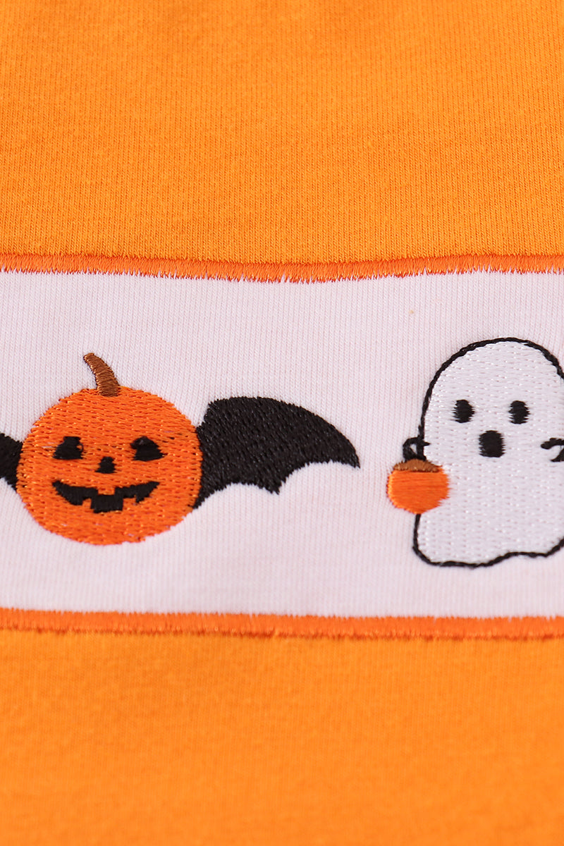 Orange Halloween Pumpkin Ghost Embroidery Top