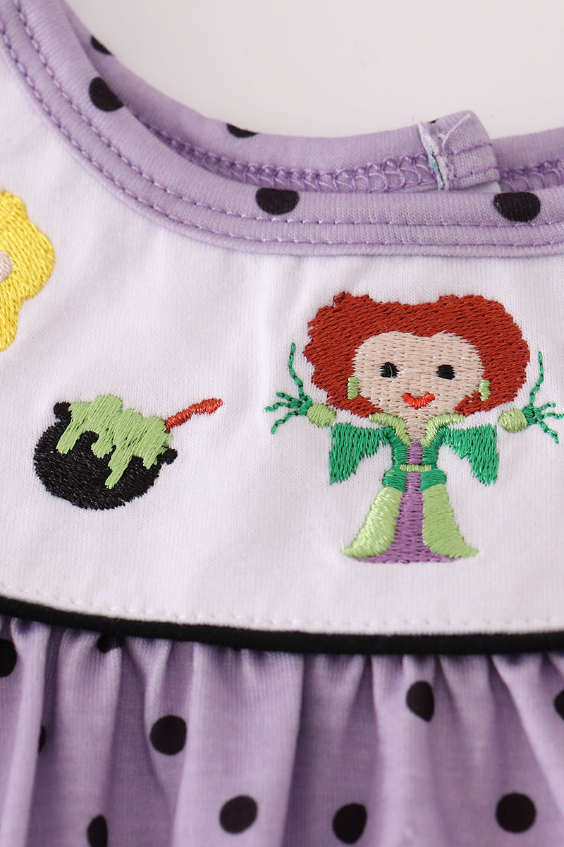 Purple Halloween Dot Witch Embroidery Dress