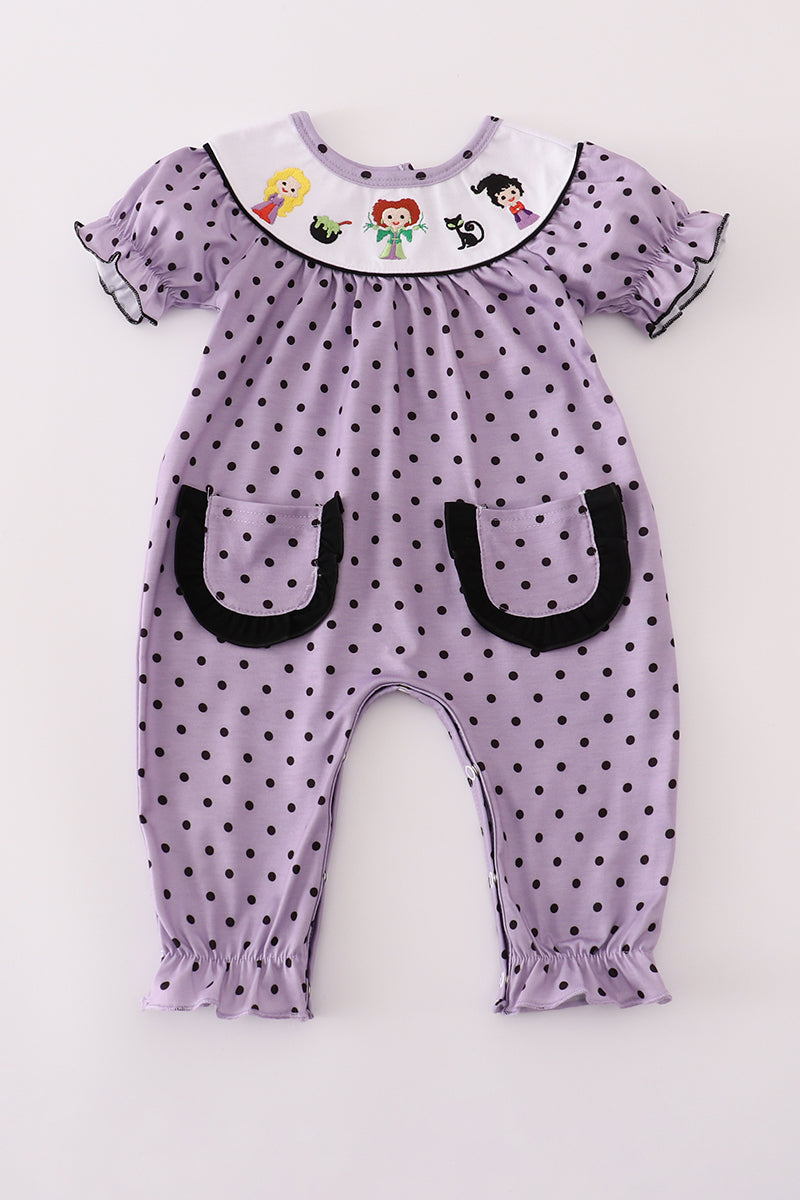 Purple Halloween Dot Witch Embroidery Romper