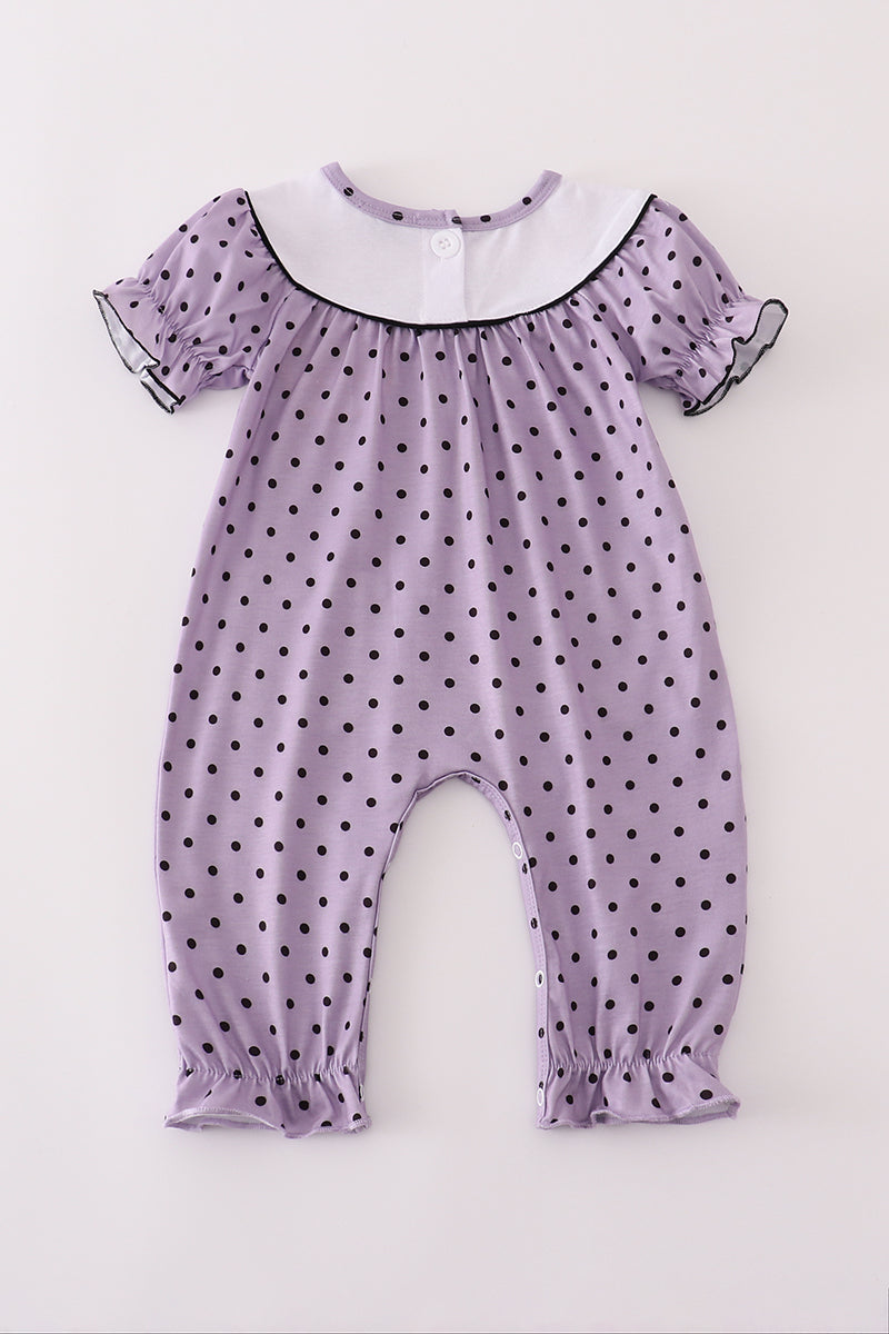 Purple Halloween Dot Witch Embroidery Romper