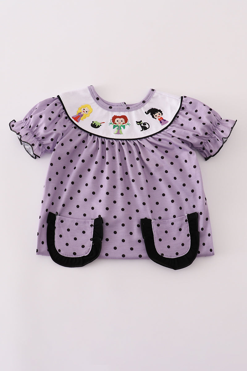Purple Halloween Dot Witch Embroidery Romper
