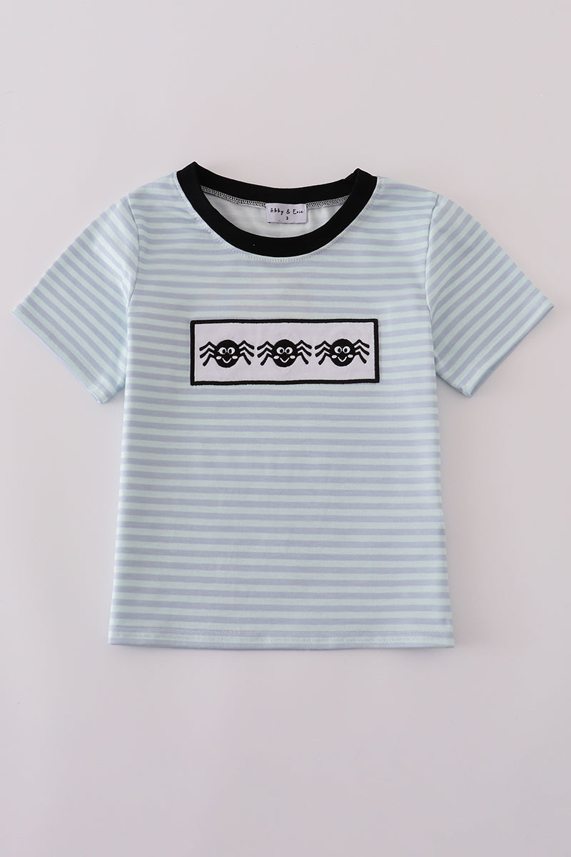 Blue Halloween Spider Embroidery Stripe Top