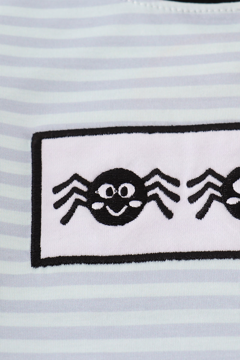 Blue Halloween Spider Embroidery Stripe Top