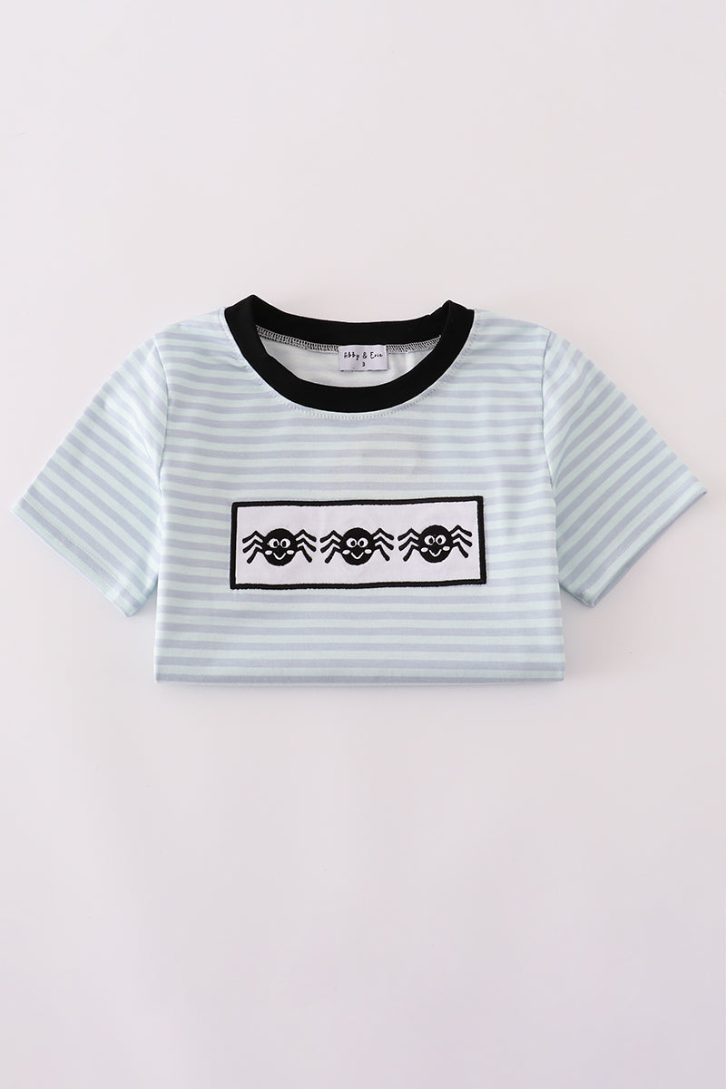 Blue Halloween Spider Embroidery Stripe Top