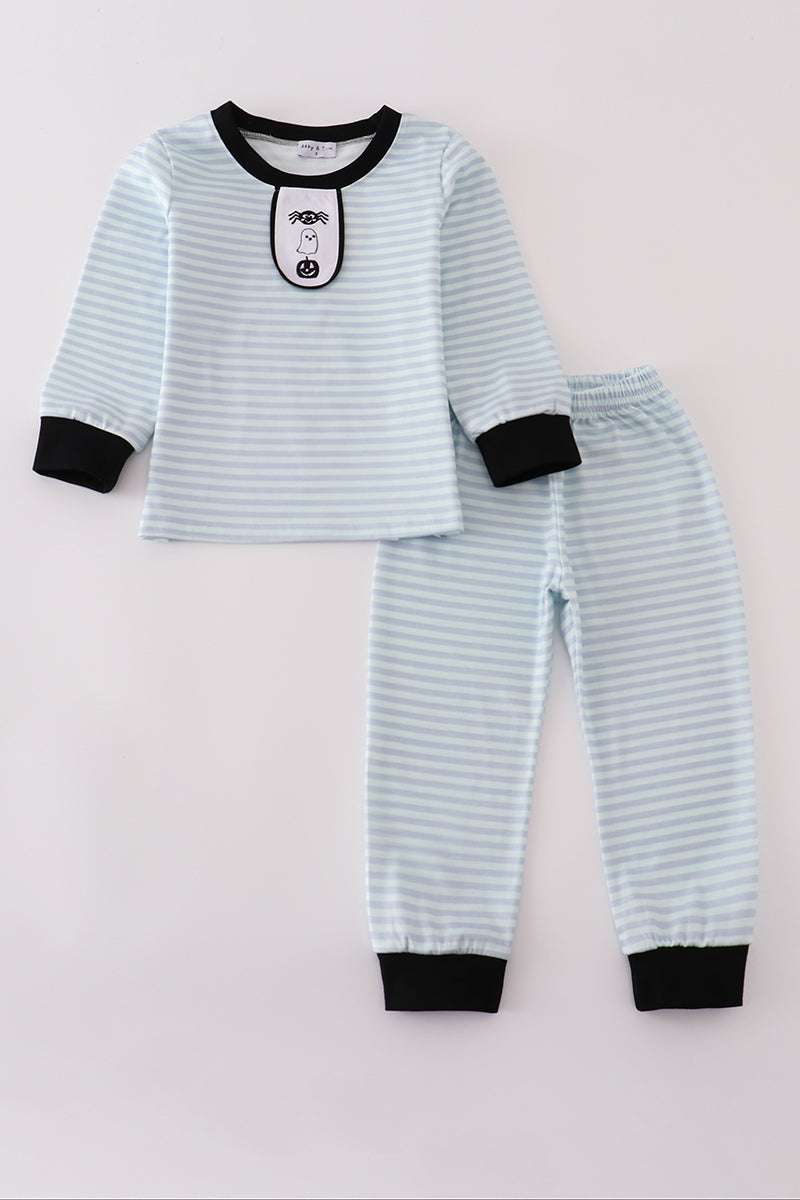 Blue Halloween Spider Embroidery Stripe Pants Set