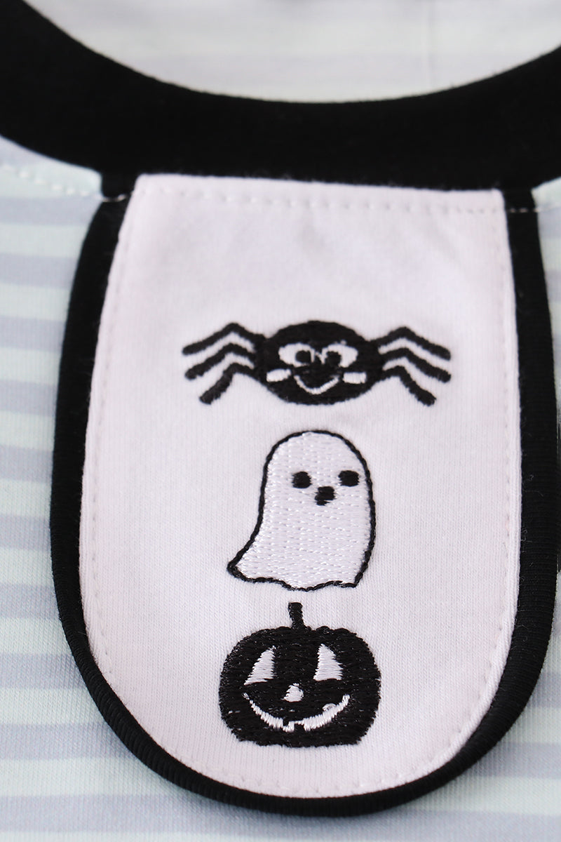 Blue Halloween Spider Embroidery Stripe Pants Set