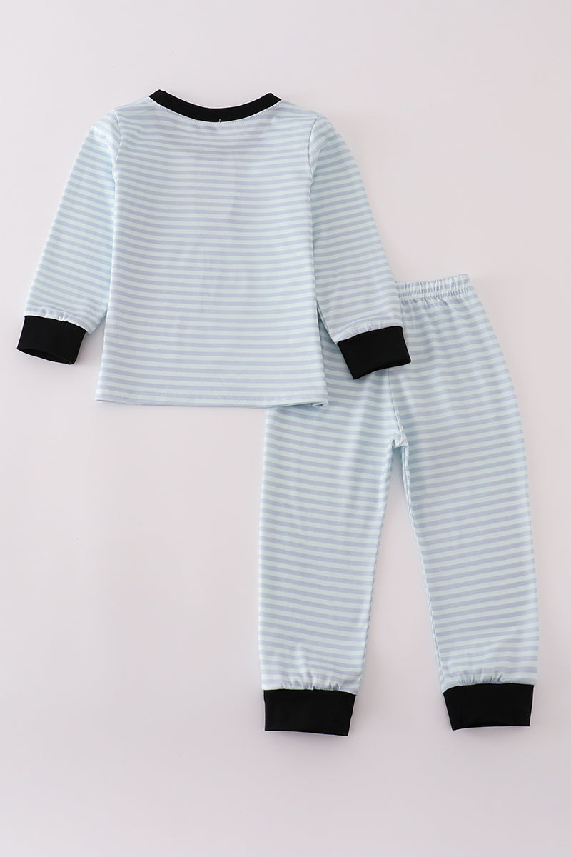 Blue Halloween Spider Embroidery Stripe Pants Set