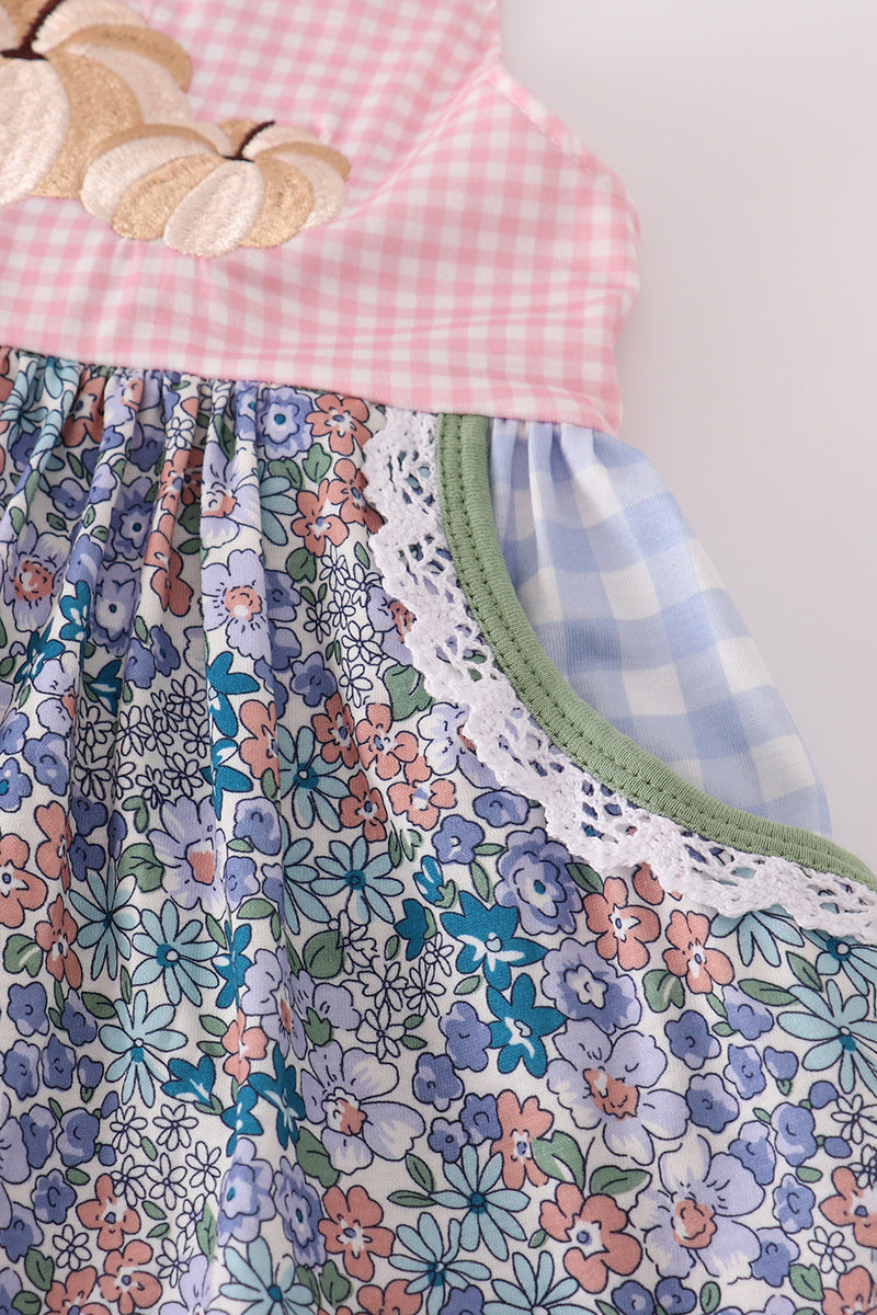Blue Floral Pumpkin Embroidery Ruffle Pants Set