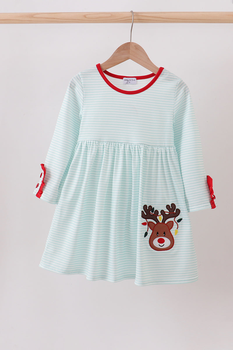 Blue Reindeer Applique Stripe Dress
