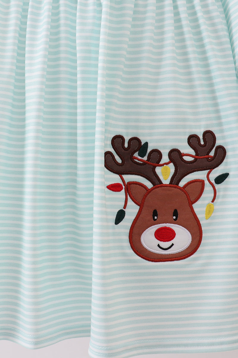 Blue Reindeer Applique Stripe Dress