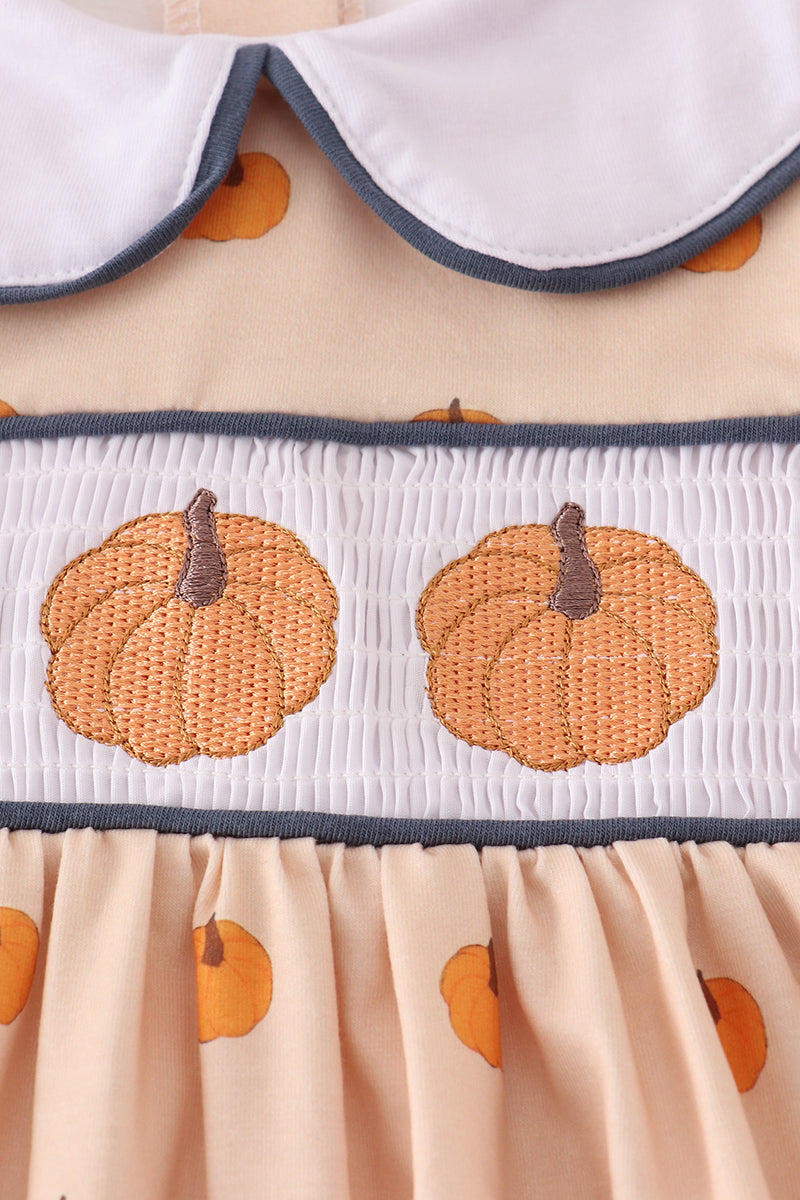 Khaki Embroidery Smocked Dress