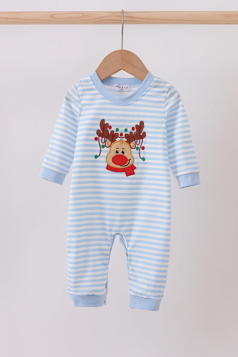 Blue Stripe Reindeer Applique Romper