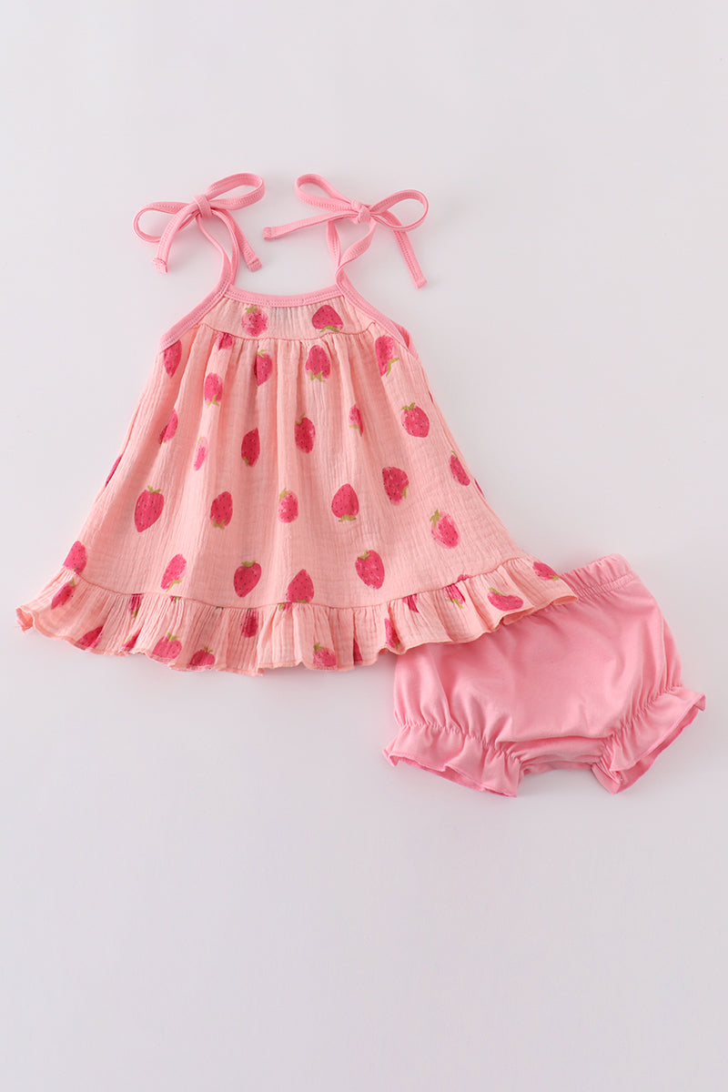 Pink Strawberry Print Muslin Girl Bloomer Set