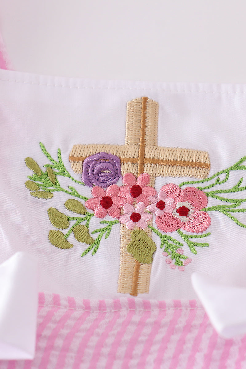 Pink Seersucker Cross Floral Embroidery Bloomer Set