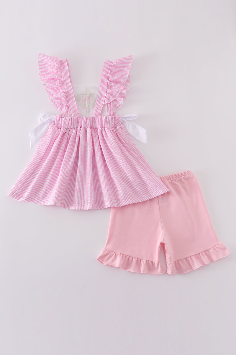 Pink Seersucker Cross Floral Embroidery Set