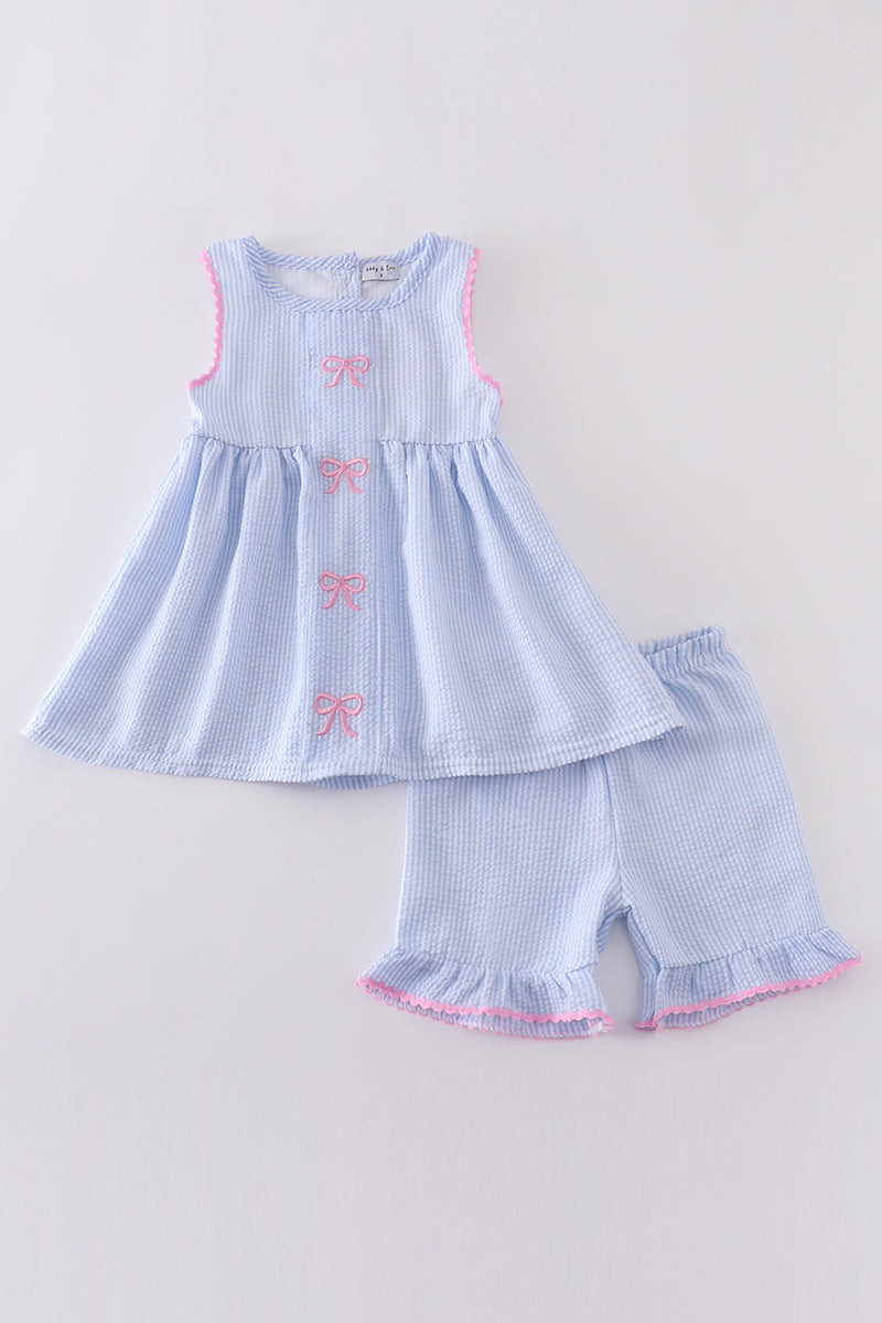 Blue Striped Seersucker Bow Embroidery Girl Set