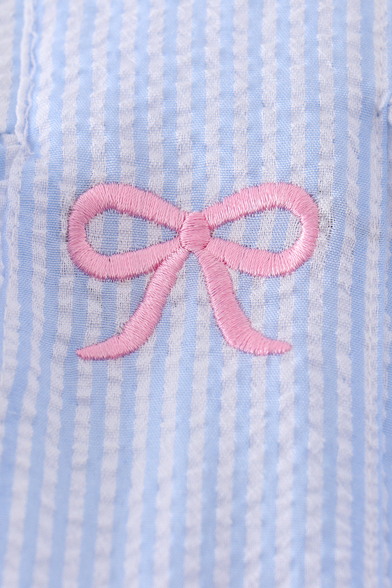 Blue Striped Seersucker Bow Embroidery Girl Set