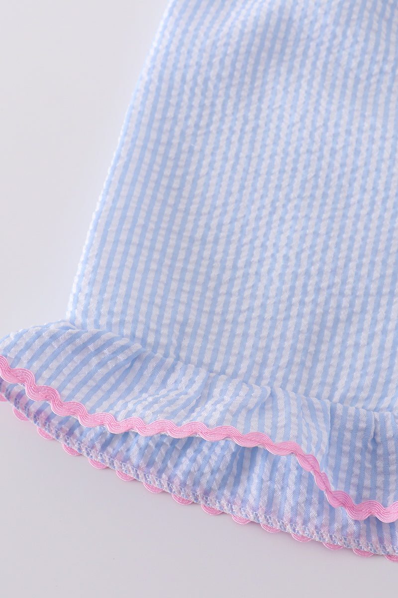 Blue Striped Seersucker Bow Embroidery Girl Set