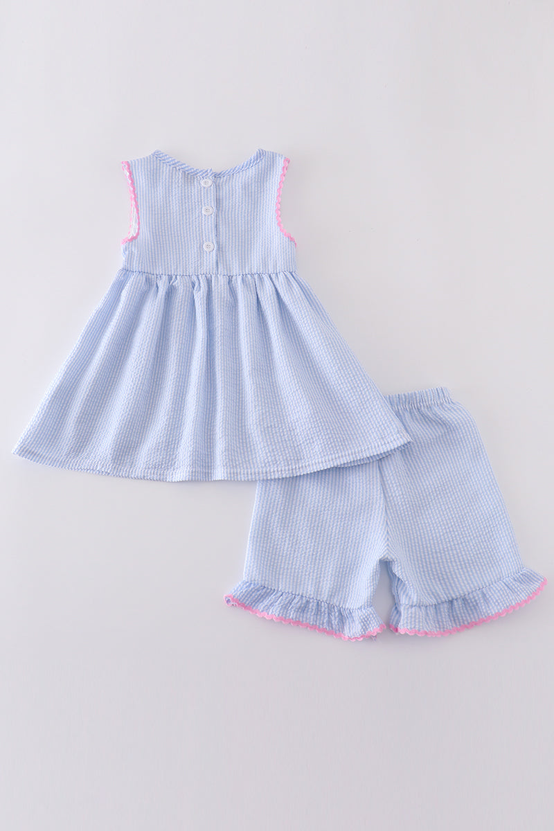Blue Striped Seersucker Bow Embroidery Girl Set