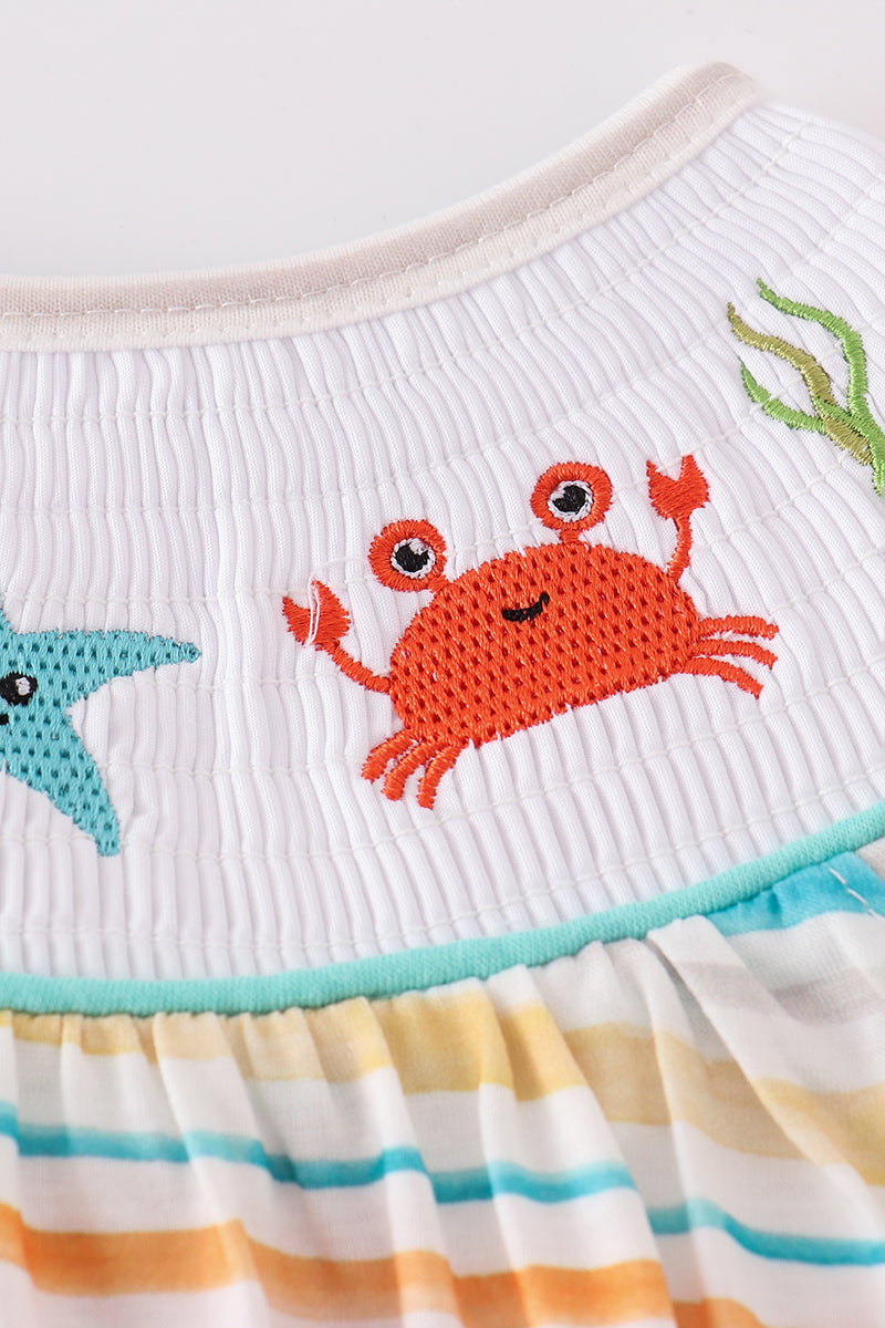 Rainbow Stripe Marine Creature Embroidery Smocked Bubble