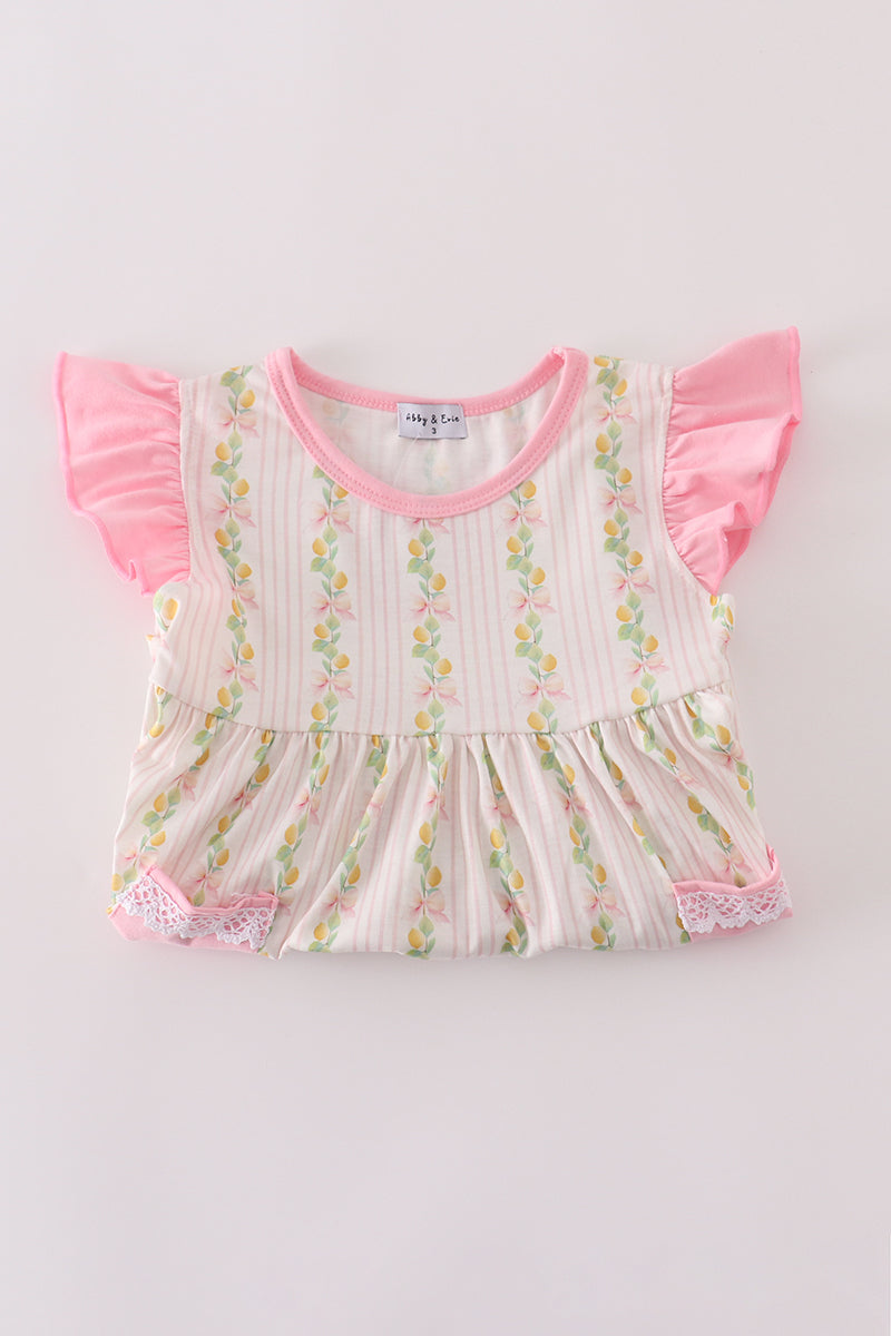 Pink Lemon Print Bow Ruffle Shorts Set