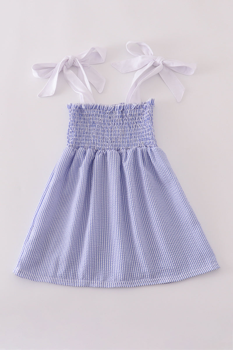 Blue Stripe Seersucker Smocked Mom&Me Dress