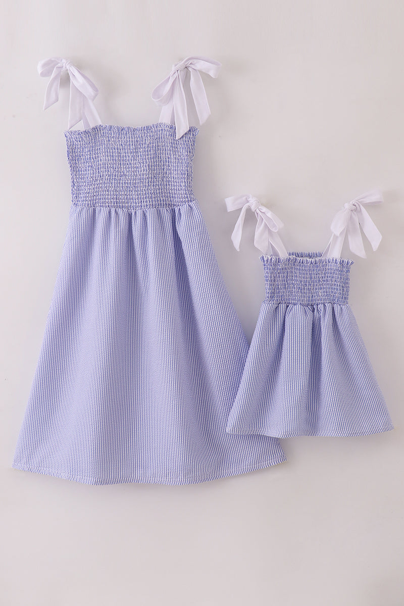 Blue Stripe Seersucker Smocked Mom&Me Dress