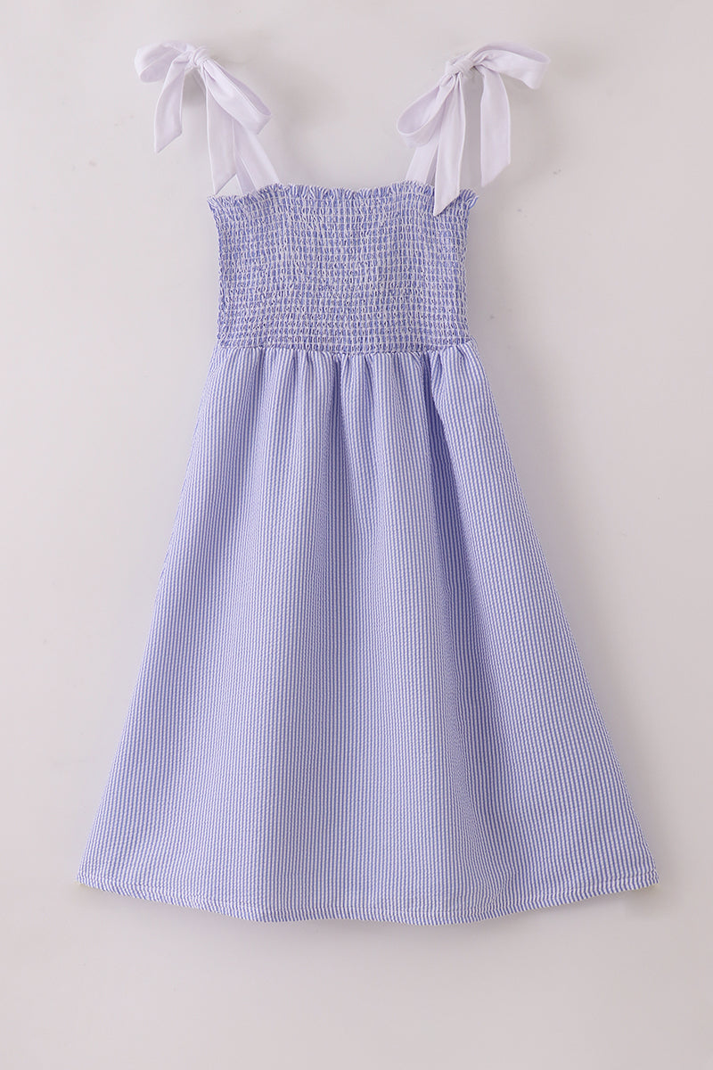 Blue Stripe Seersucker Smocked Mom&Me Dress