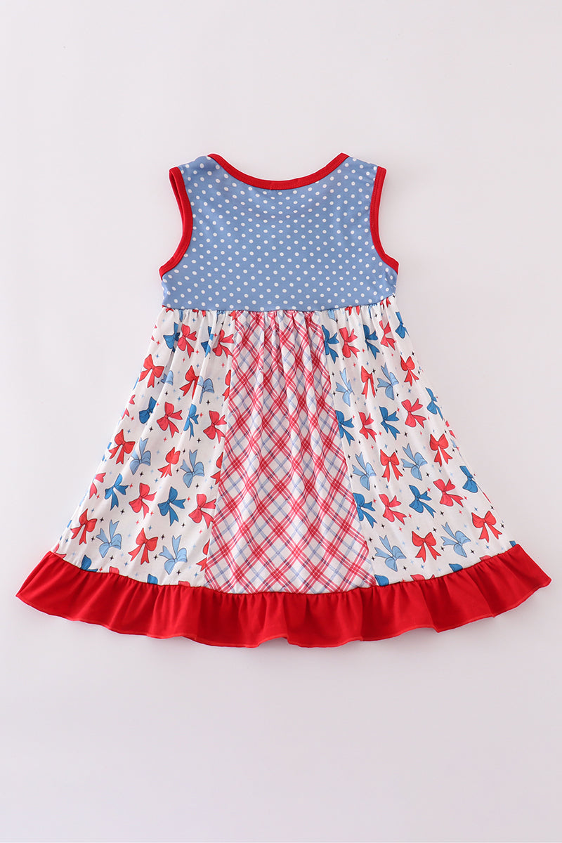 Blue Bow Print Ruffle Dress