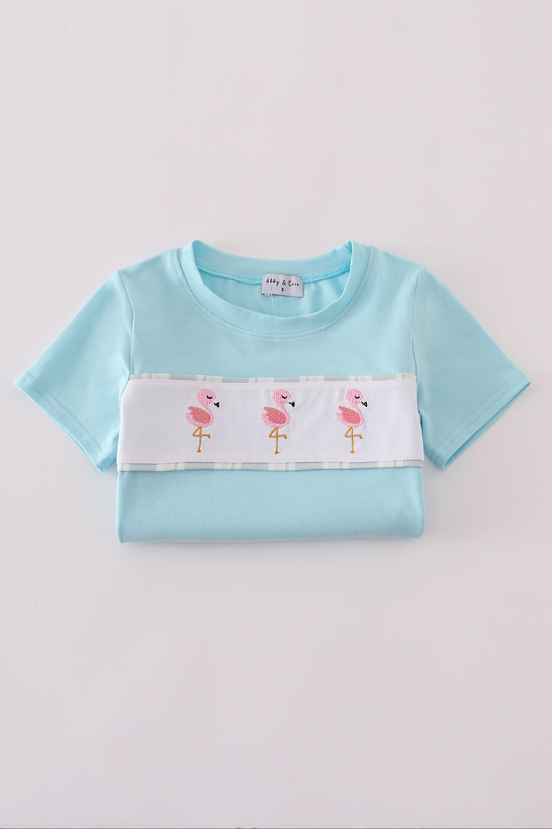 Blue Flamingo Embroidery Short Set