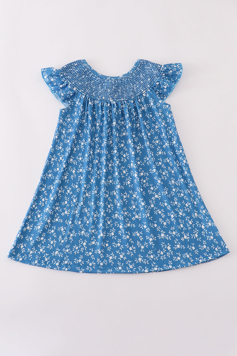 Blue Floral Print Smocked Dress