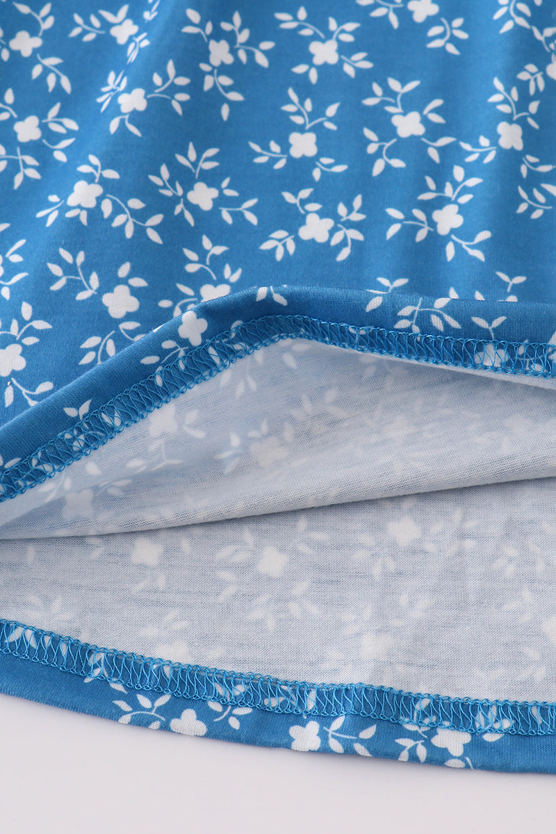 Blue Floral Print Smocked Dress