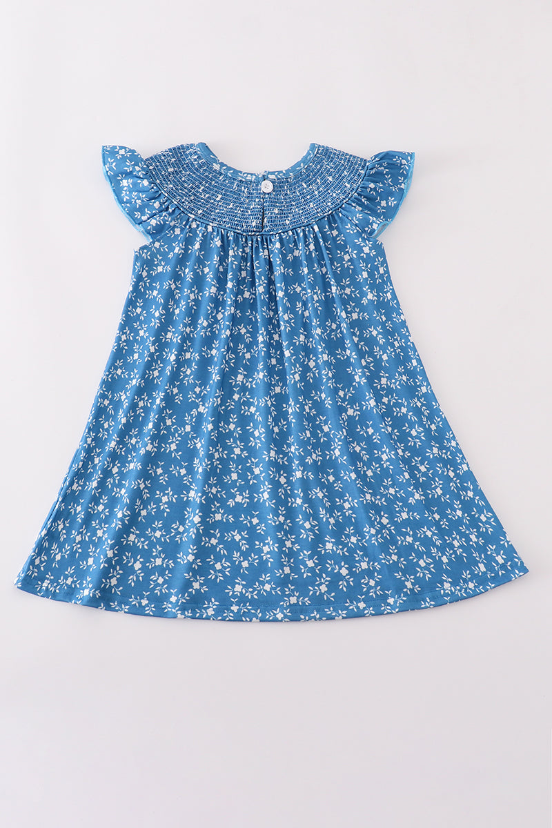Blue Floral Print Smocked Dress