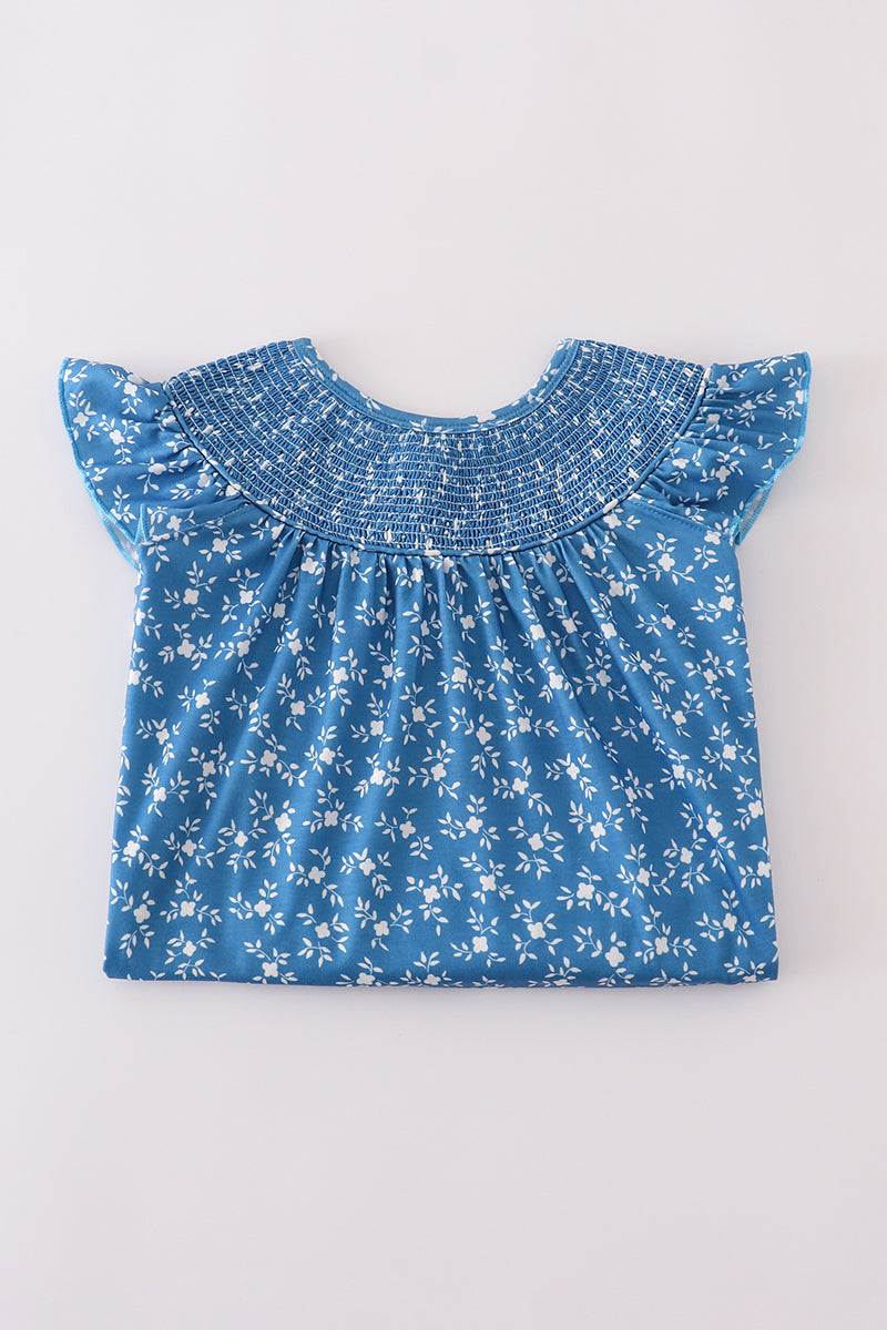 Blue Floral Print Smocked Dress