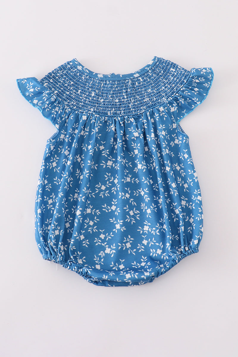 Blue Floral Print Smocked Bubble