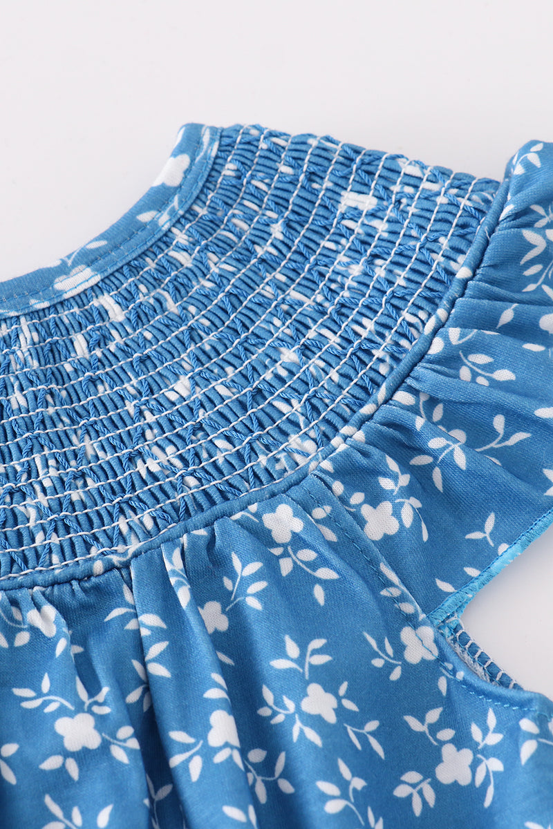 Blue Floral Print Smocked Bubble