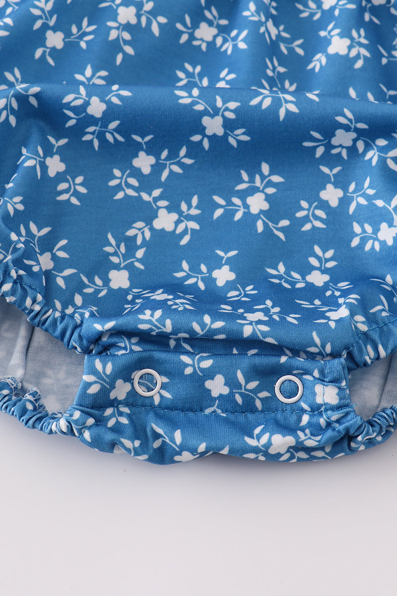 Blue Floral Print Smocked Bubble