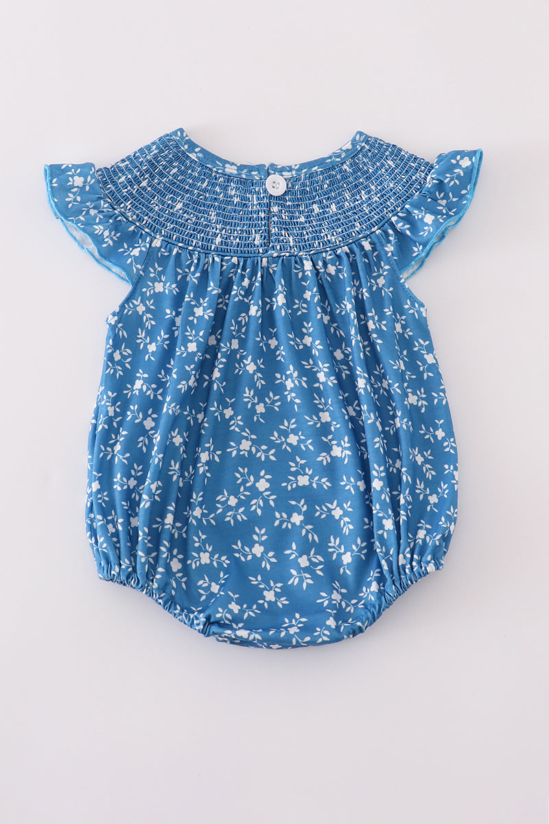 Blue Floral Print Smocked Bubble