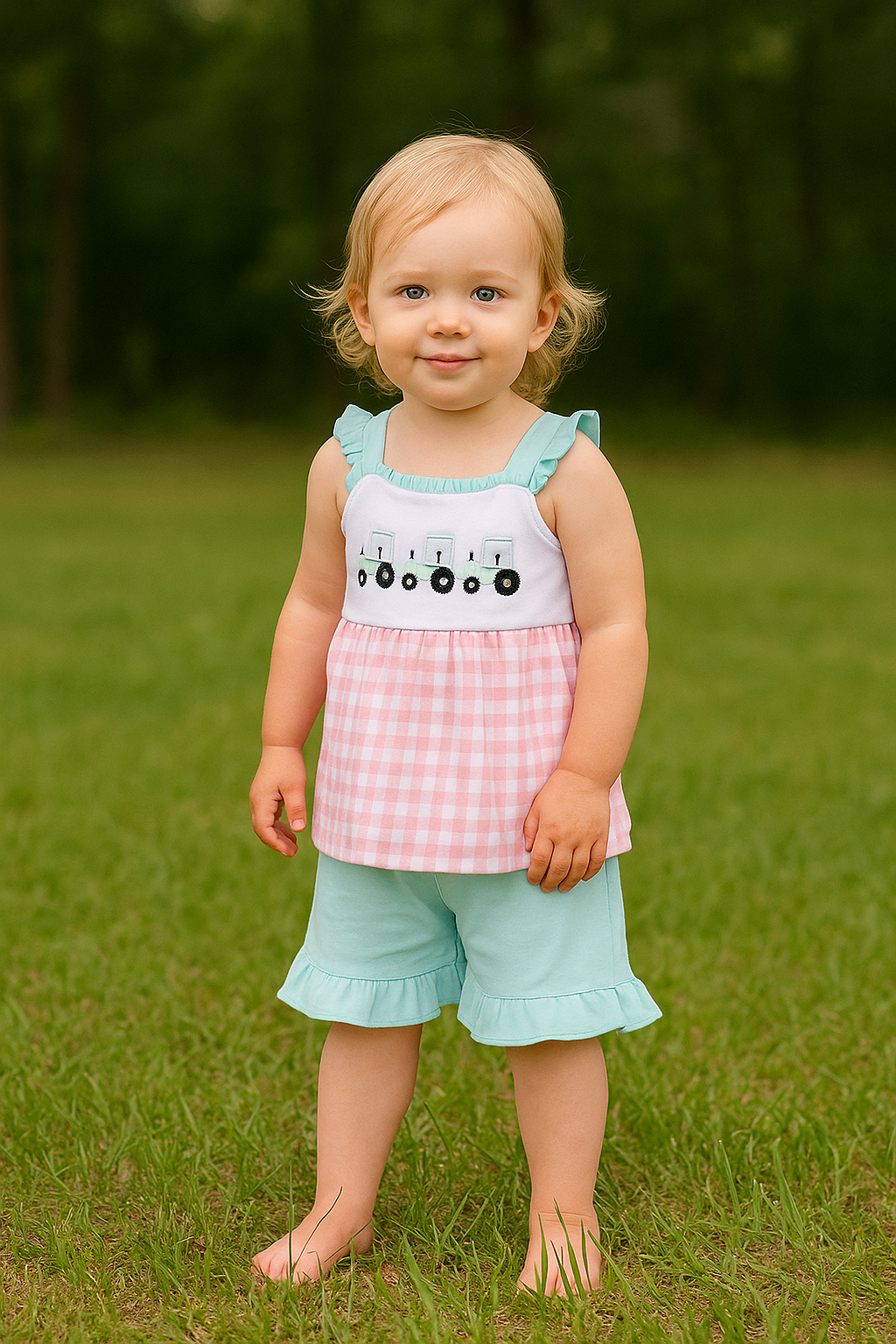 Pink Tractor Embroidery Plaid Girl Set