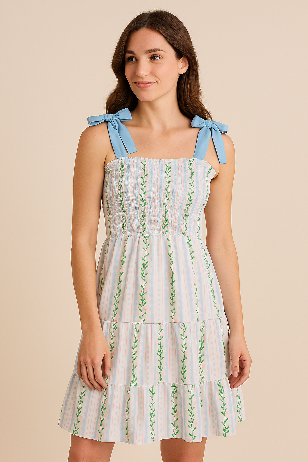 Blue Floral Smocked Women Dress