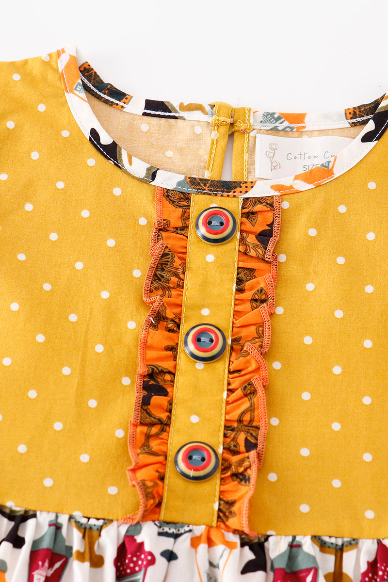 Platinum Yellow Halloween Dot Ruffle Pocket Dress