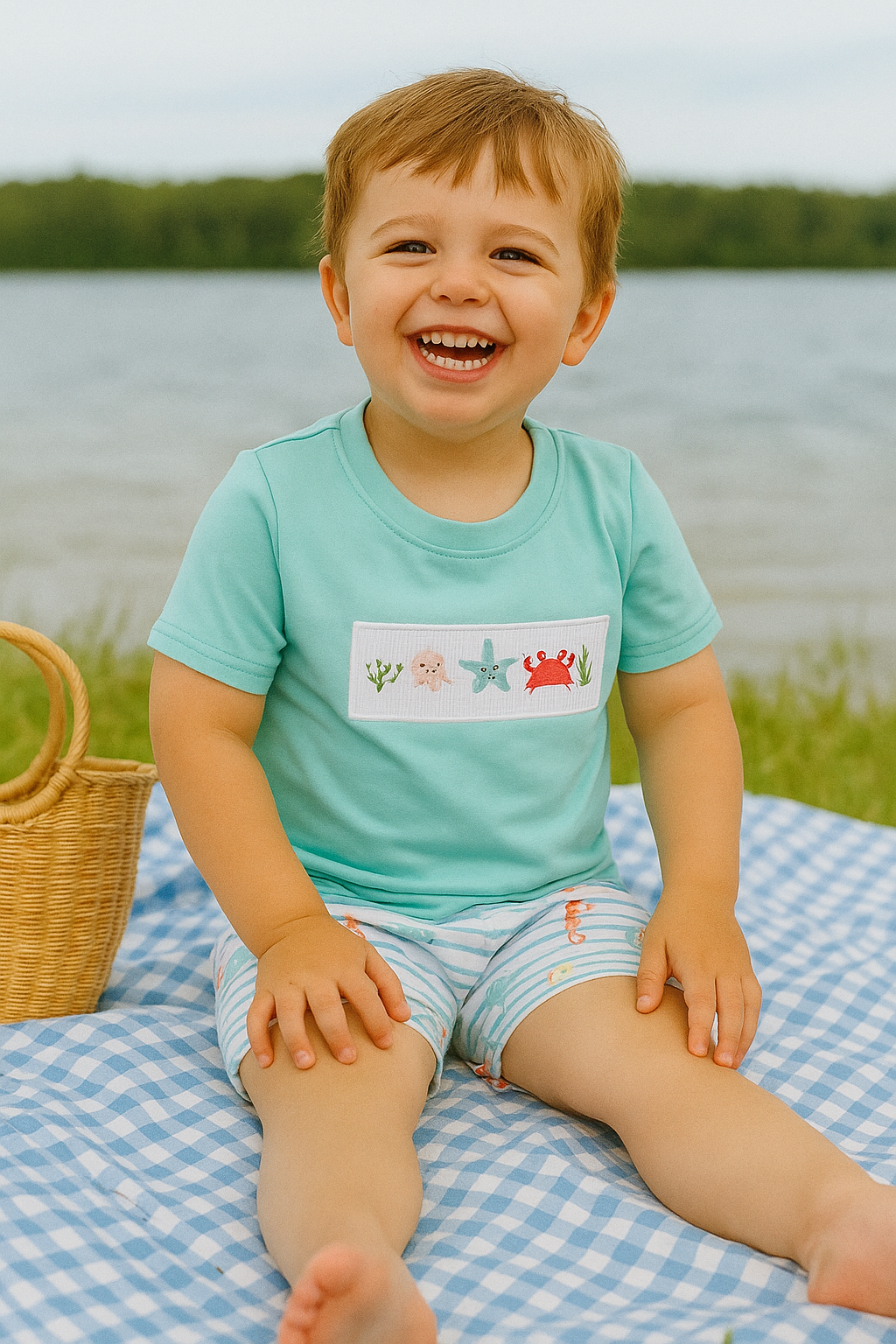 Blue Marine Creature Embroidery Smocked Top