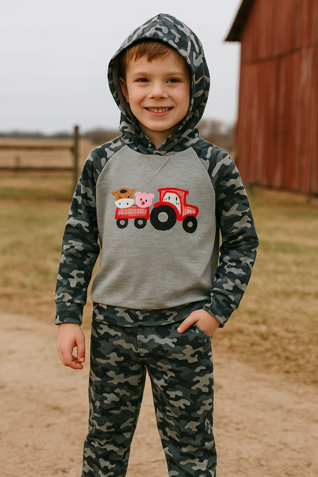 Camouflage Farm Tractor Applique Pants Set