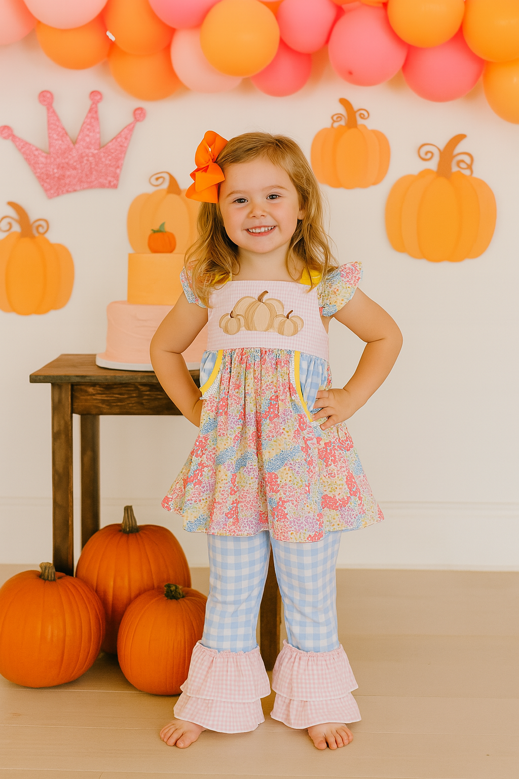 Pink Floral Pumpkin Embroidery Ruffle Pants Set